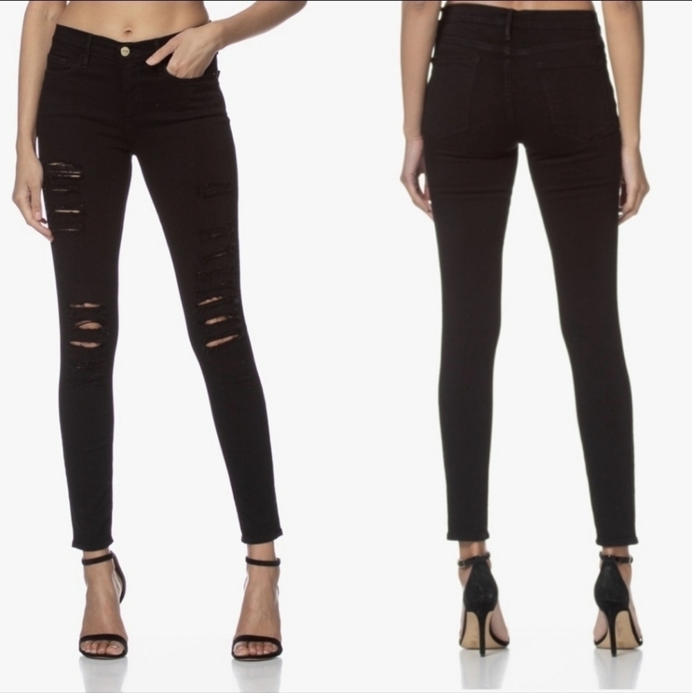 Frame Le Skinny De Jeanne Distressed Black Edgy Bikercore Punk Timeless Jeans
